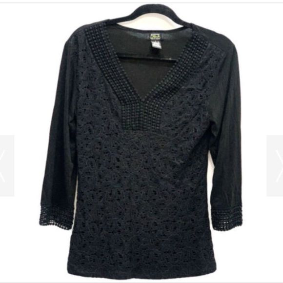 Shannon Ford New York Womens Black Top Solid Lace Blouse V-Neck Sz Small - Picture 1 of 3